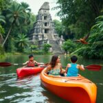 Two kayaks navigate a lush jungle river in Belize, each with a woman and a child paddling. These active families are approaching a stone temple structure surrounded by dense greenery. A bird is flying overhead, adding to the thrill of outdoor adventures.