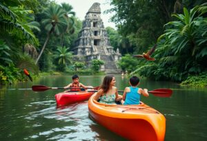 Two kayaks navigate a lush jungle river in Belize, each with a woman and a child paddling. These active families are approaching a stone temple structure surrounded by dense greenery. A bird is flying overhead, adding to the thrill of outdoor adventures.