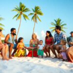 A group of adults and children sit on a sandy beach surrounded by palm trees. They are smiling and talking, with a small table in the center. The sky is clear and blue, suggesting sunny weather. A colorful beach ball is nearby.