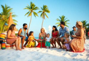 A group of adults and children sit on a sandy beach surrounded by palm trees. They are smiling and talking, with a small table in the center. The sky is clear and blue, suggesting sunny weather. A colorful beach ball is nearby.