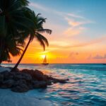 A serene beach scene at sunset in Belize features palm trees on the left, rocky sand in the foreground, calm water reflecting the vibrant sky colors, and two sailboats on the horizon—a perfect retreat to transform your life during vacations.