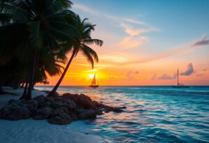 A serene beach scene at sunset in Belize features palm trees on the left, rocky sand in the foreground, calm water reflecting the vibrant sky colors, and two sailboats on the horizon—a perfect retreat to transform your life during vacations.