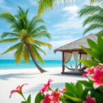 A Belize Getaway: a beach scene with a thatched-roof cabana and hammock on white sand, surrounded by palm trees. The turquoise ocean and clear blue sky are visible in the background, with pink flowers in the foreground.