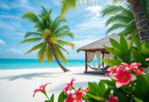 A Belize Getaway: a beach scene with a thatched-roof cabana and hammock on white sand, surrounded by palm trees. The turquoise ocean and clear blue sky are visible in the background, with pink flowers in the foreground.