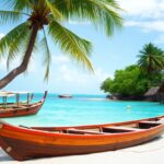 A wooden canoe rests on a sandy tropical beach beside turquoise waters. Palm trees provide shade, and small thatched huts are visible in the background. The sky is clear and blue, giving the scene a serene, idyllic feel.