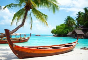 A wooden canoe rests on a sandy tropical beach beside turquoise waters. Palm trees provide shade, and small thatched huts are visible in the background. The sky is clear and blue, giving the scene a serene, idyllic feel.