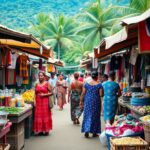 People walk through an outdoor market with palm trees surrounding the area. Stalls display clothing, fruits, and vegetables. Women are wearing colorful dresses, and a mountain landscape is visible in the background.