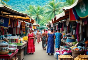 People walk through an outdoor market with palm trees surrounding the area. Stalls display clothing, fruits, and vegetables. Women are wearing colorful dresses, and a mountain landscape is visible in the background.