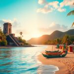 A serene beach scene at sunset features a sandy shore lined with palm trees. Colorful boats and small huts rest on the beach. In the background, a mountainous landscape rises, and a pyramid-like structure sits near the water's edge.