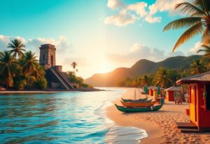 A serene beach scene at sunset features a sandy shore lined with palm trees. Colorful boats and small huts rest on the beach. In the background, a mountainous landscape rises, and a pyramid-like structure sits near the water's edge.