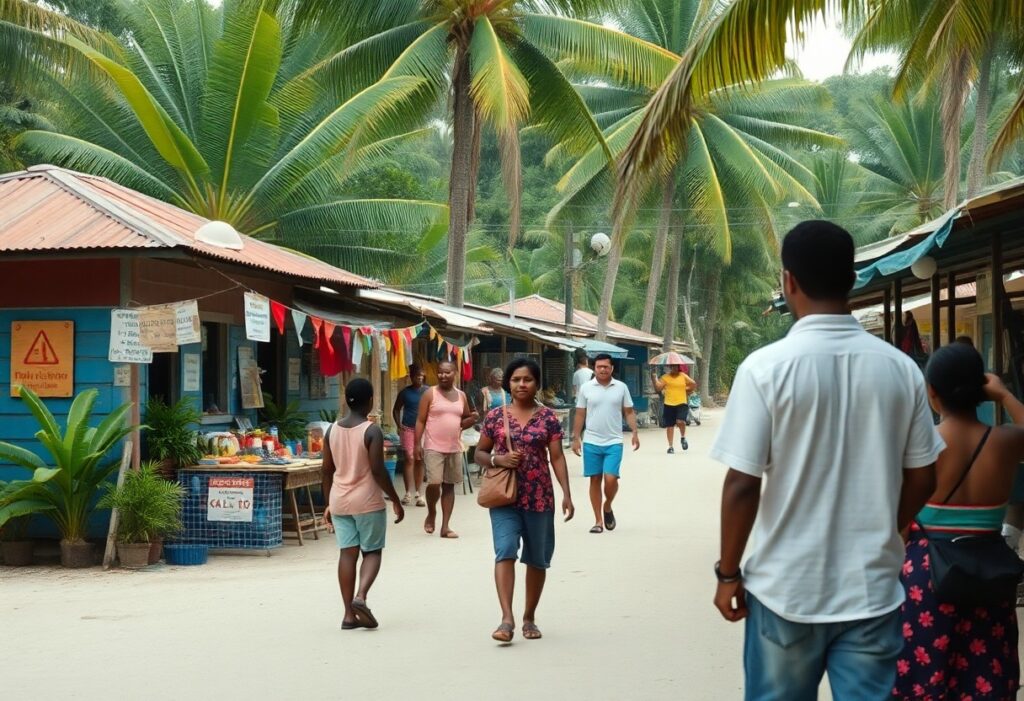 People stroll along a sandy street lined with small shops and palm trees, mindful of Belize safety tips. Colorful clothes hang outside one shop, and various signs are visible. The atmosphere is tropical and vibrant, creating a secure backdrop for exploration.