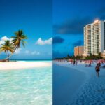 Split image of a tropical beach. Left: Pristine beach with turquoise water and two leaning palm trees under a clear blue sky. Right: Sandy beach at twilight with people, colorful umbrellas, and a tall hotel building illuminated by lights.