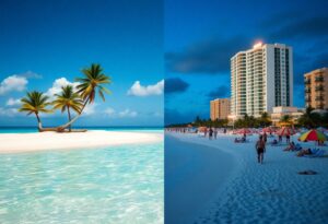 Split image of a tropical beach. Left: Pristine beach with turquoise water and two leaning palm trees under a clear blue sky. Right: Sandy beach at twilight with people, colorful umbrellas, and a tall hotel building illuminated by lights.