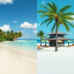 Split image of two beach scenes. Left: serene beach with turquoise water, white sand, and palm trees. Right: vibrant beach with a hut, palm tree, sun loungers, and umbrellas. Both under a bright blue sky with a few clouds.