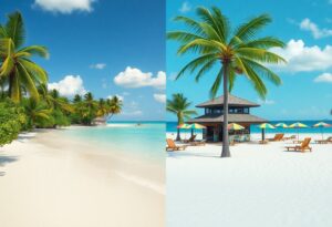 Split image of two beach scenes. Left: serene beach with turquoise water, white sand, and palm trees. Right: vibrant beach with a hut, palm tree, sun loungers, and umbrellas. Both under a bright blue sky with a few clouds.