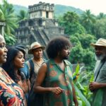 A group of people standing amidst lush greenery, with a historical stone structure in the background. They appear to be tourists, and two colorful parrots perch nearby. The scene is verdant and tropical, suggesting a jungle or rainforest setting.