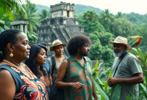 A group of people standing amidst lush greenery, with a historical stone structure in the background. They appear to be tourists, and two colorful parrots perch nearby. The scene is verdant and tropical, suggesting a jungle or rainforest setting.