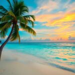 A tropical beach scene features a leaning palm tree on white sand, with turquoise ocean waves gently reaching the shore. The sky is filled with vibrant orange and yellow hues of a setting sun, gradually blending into blue.