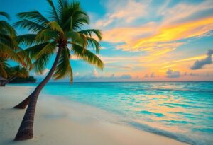 A tropical beach scene features a leaning palm tree on white sand, with turquoise ocean waves gently reaching the shore. The sky is filled with vibrant orange and yellow hues of a setting sun, gradually blending into blue.