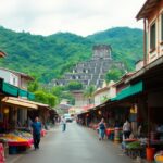 In San Ignacio Town, a bustling outdoor market lines both sides of a narrow street with stalls selling various goods. People stroll along the road, embarking on their own Belizean adventures. In the background, a grand ancient stone structure rises against a lush green hillside under a cloudy sky.