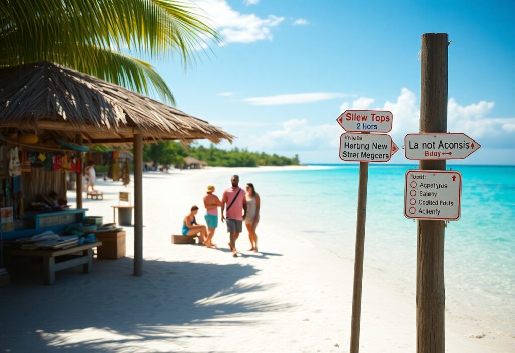 A sandy beach with turquoise water, a small souvenir hut, palm trees, a group of four people standing together, and wooden signposts with various directional signs in multiple languages.