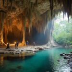 Several people wearing helmets explore the vast ATM Cave Belize with an Adventure Guide. They stand near a clear turquoise pool, holding lights beneath tall stalactites. Sunlight and greenery shine through the cave entrance.