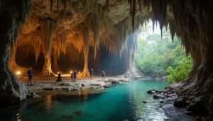 Several people wearing helmets explore the vast ATM Cave Belize with an Adventure Guide. They stand near a clear turquoise pool, holding lights beneath tall stalactites. Sunlight and greenery shine through the cave entrance.