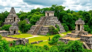 Ancient stone pyramids and temples, these Maya Ruins in Belize are surrounded by dense green trees under a cloudy sky, featuring wide staircases and lush vegetation throughout the archaeological treasures of the site.
