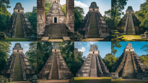 A collage of eight images shows ancient stepped pyramids—archaeological treasures of the Ancient Maya—made of stone and surrounded by lush greenery. Each Maya Ruins Belize pyramid features a central staircase leading to a small structure at the top.