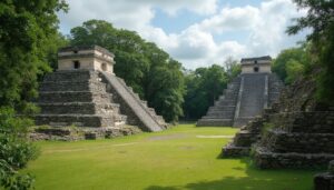 Two ancient stone pyramids with staircases stand in a grassy clearing surrounded by trees under a partly cloudy sky. These weathered, stepped structures are remarkable archaeological treasures of Ancient Maya Ruins in Belize.