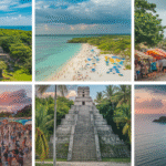 A collage of six images featuring ancient stone pyramids, lively beaches, a bustling outdoor market, and a secluded green island surrounded by blue ocean—perfect for inspiring your Belize travel guide.