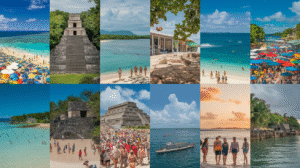 A collage of twelve photos shows crowded beaches, ancient stone ruins, blue ocean water, tourists relaxing, boats, and coastal buildings under blue skies—perfect visuals for any Belize Travel Guide or tips on the Best Time to Visit Belize.