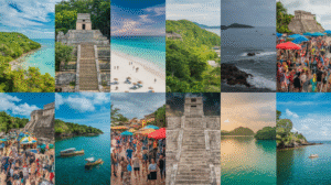 A collage of 12 photos showing beaches, ancient stone ruins, green landscapes, ocean views, crowded festivals with market stalls, boats on water, and people on sandy shores under blue and cloudy skies—perfect for a Belize travel guide.