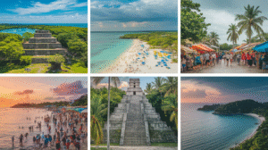 A collage of six images featuring ancient stone pyramids, lively beaches, a bustling outdoor market, and a secluded green island surrounded by blue ocean—perfect for inspiring your Belize travel guide.