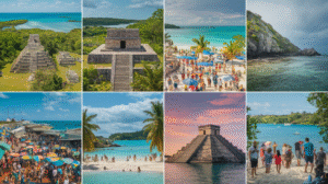 A collage of eight images showing ancient Mayan ruins, crowded beaches, clear turquoise water, a marketplace with colorful umbrellas, tourists, and tropical landscapes under Belize weather’s sunny and partly cloudy skies.