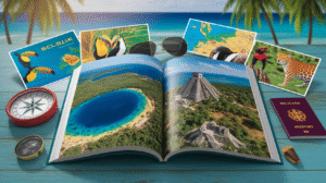 An open travel book on a table shows photos of a blue lake and a stone pyramid. Surrounding items, perfect for Belize travel or trip planning, include postcards, sunglasses, a compass, a gold ring, a passport, and palm trees in the background.