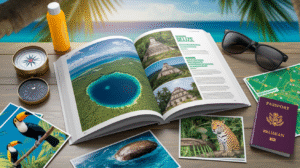 A Belize travel guide open to the Belize section sits on a table with a passport, sunglasses, sunscreen, compass, map, and photos of wildlife, Mayan ruins, and the Great Blue Hole; a tropical beach is in the background.