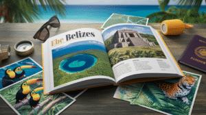 An open travel guide about Belize lies on a wooden table, displaying photos of a blue sinkhole and Mayan ruin. Nearby are a passport, compass, sunglasses, postcards with wildlife, and the ocean in the background—perfect for trip planning.