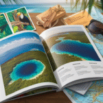 A travel-themed flat lay with an open book showing aerial photos of a lagoon, a Belize passport, sunglasses, a map for trip planning, a compass, postcards with toucans, a camera, and a boarding pass on a wooden surface.