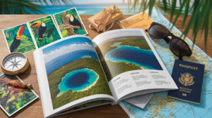 A travel-themed flat lay with an open book showing aerial photos of a lagoon, a Belize passport, sunglasses, a map for trip planning, a compass, postcards with toucans, a camera, and a boarding pass on a wooden surface.