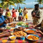 A group of people sit at a table on a beach in Belize, sharing Garifuna food with various dishes. In the background, musicians and singers celebrate Garifuna culture near palm trees under a sunny sky.