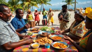 A group of people sit at a table on a beach in Belize, sharing Garifuna food with various dishes. In the background, musicians and singers celebrate Garifuna culture near palm trees under a sunny sky.