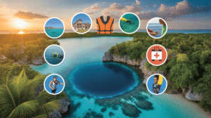 Aerial view of a blue lagoon in Belize, surrounded by lush greenery and cliffs, with icons for a house, life vest, snorkel gear, fish, lifebuoy, medical kit, jogging woman, and man drinking water—your perfect Belize travel guide.
