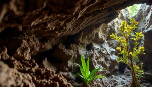 View from inside a rocky cave with sunlight shining through an opening above. Two green plants, highlighting the cave’s biodiversity, grow near the entrance and contrast with the brown rocks.