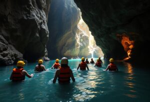 A group of people wearing helmets and life jackets wade through blue water inside a rocky cave, with sunlight streaming in from an opening ahead.