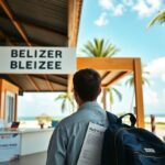 A person with a blue backpack and documents stands facing a building with a sign reading "BELIZER BLEIZEE" near a beach, with palm trees and the ocean visible in the background.