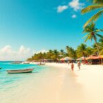 A sandy beach with turquoise water, small boats near the shore, palm trees, and several people walking or relaxing under colorful umbrellas on a sunny day.