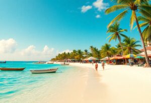 A sandy beach with turquoise water, small boats near the shore, palm trees, and several people walking or relaxing under colorful umbrellas on a sunny day.