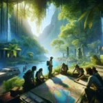 A group of people gather around a large map outdoors in a lush, tropical jungle setting with ancient ruins—perfect for adventure travel—in Belize. Dense foliage and a parked car are visible, as sunlight streams through the trees.