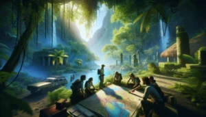 A group of people gather around a large map outdoors in a lush, tropical jungle setting with ancient ruins—perfect for adventure travel—in Belize. Dense foliage and a parked car are visible, as sunlight streams through the trees.